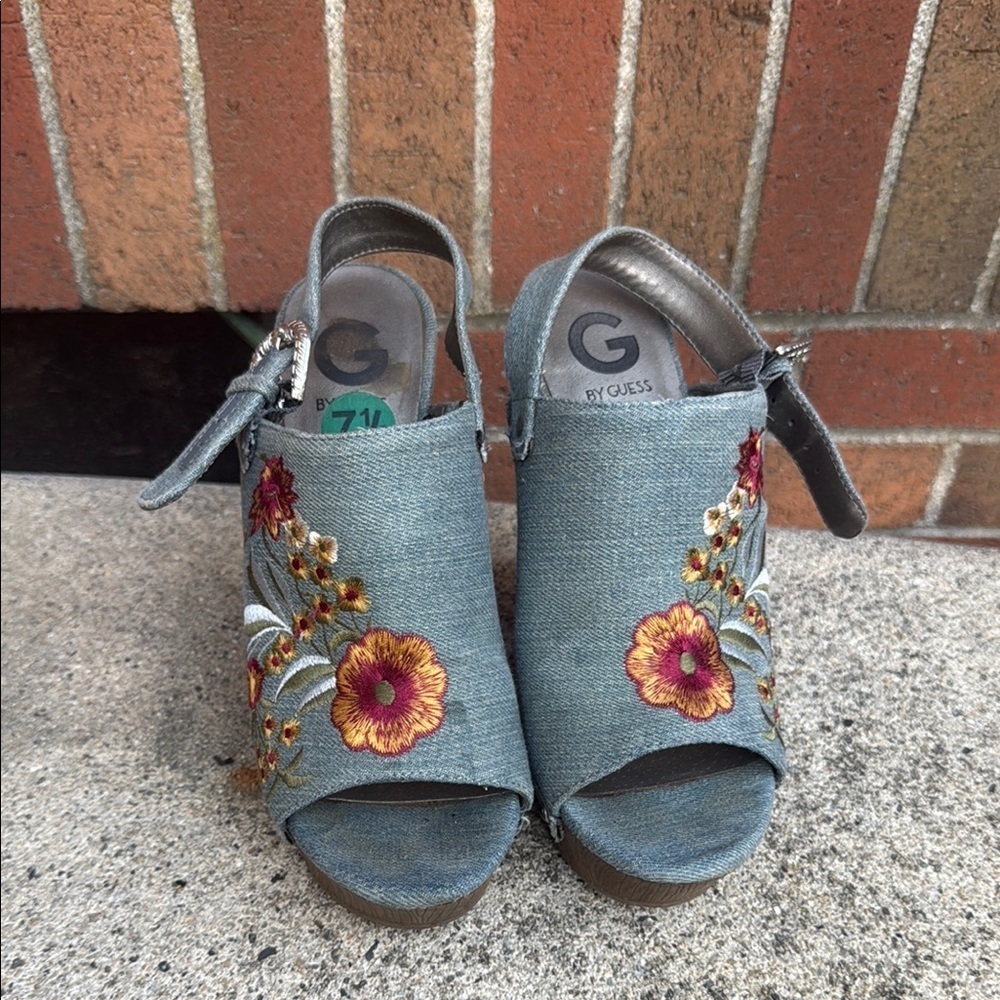 GUESS Women's Floral Embroidered Denim Heels